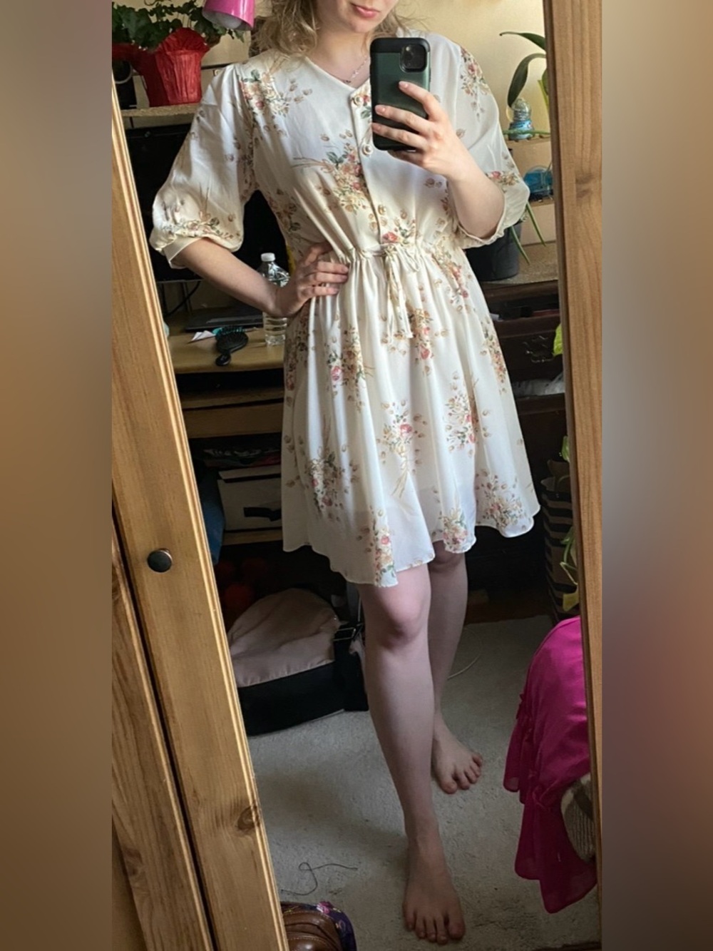 Pinkyotto Ivory Floral Puff Sleeve Drawstring Waist Mini Dress - Picture 8 of 8
